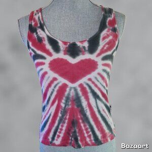 Grunge Tie Dye Ribbed Tank Top Heart Pattern Red White Grey Size Medium